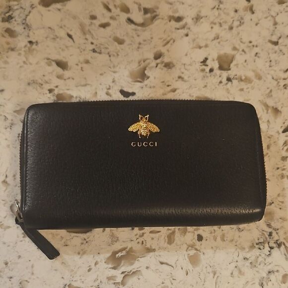 Gucci Animailer Bee Dark Blue Leather Zip-Around Large Wallet with Dust Bag - Picture 1 of 11